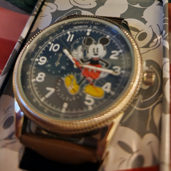 Vintage Disney Blue Mickey Mouse Watch Brown Leather Band